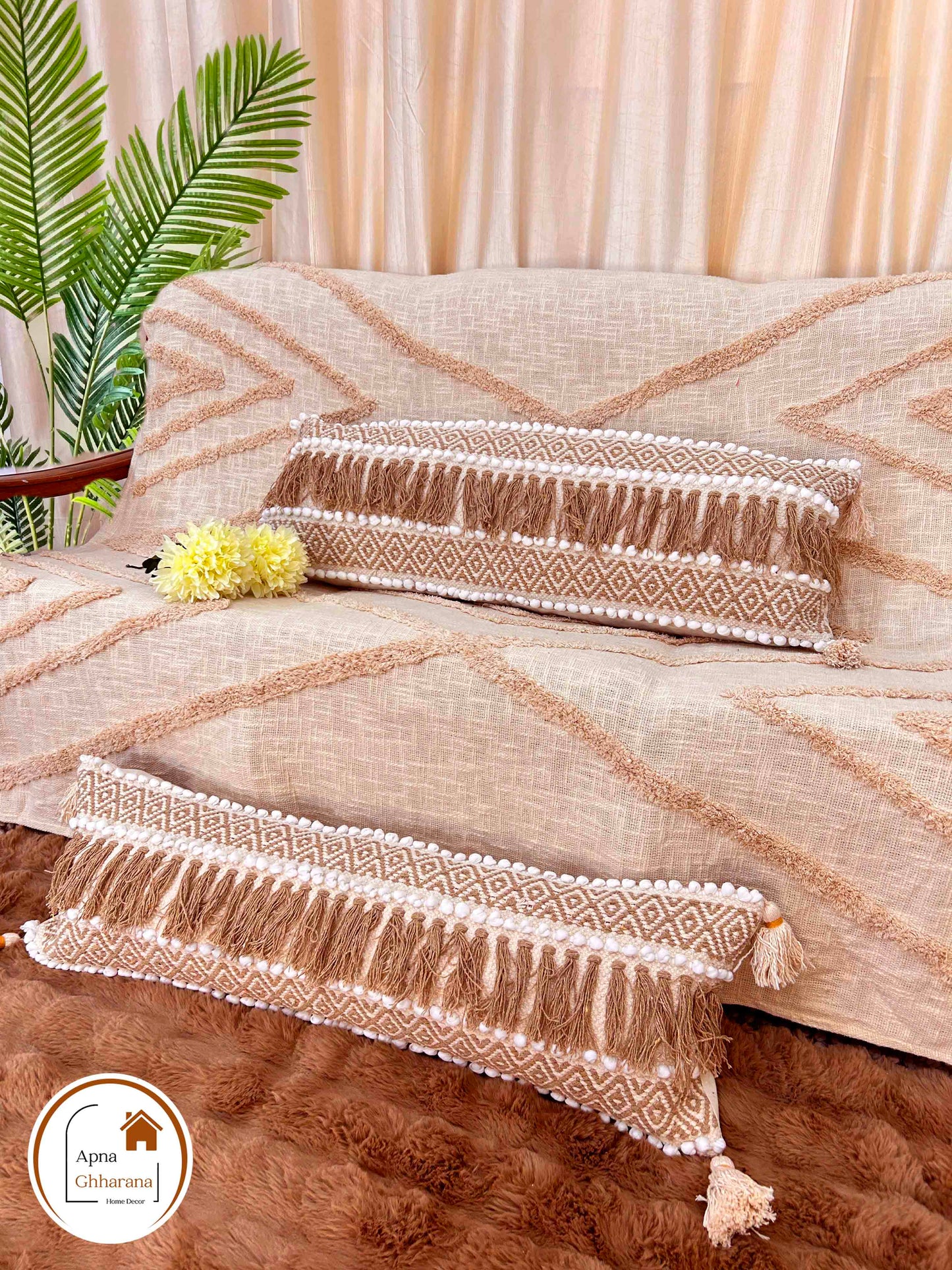 Bohemian Lumbar Cushion Cover | Brown Slub Cotton, 34x12", Frill Design