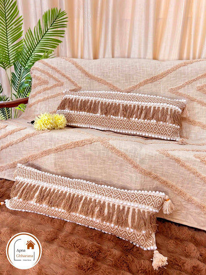 Bohemian Lumbar Cushion Cover | Brown Slub Cotton, 34x12", Frill Design