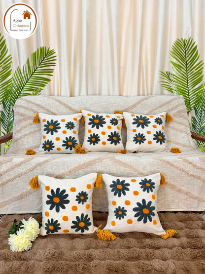 Grey Flower Embroidered Cushion Cover | 16x16", Slub Cotton, Premium Design
