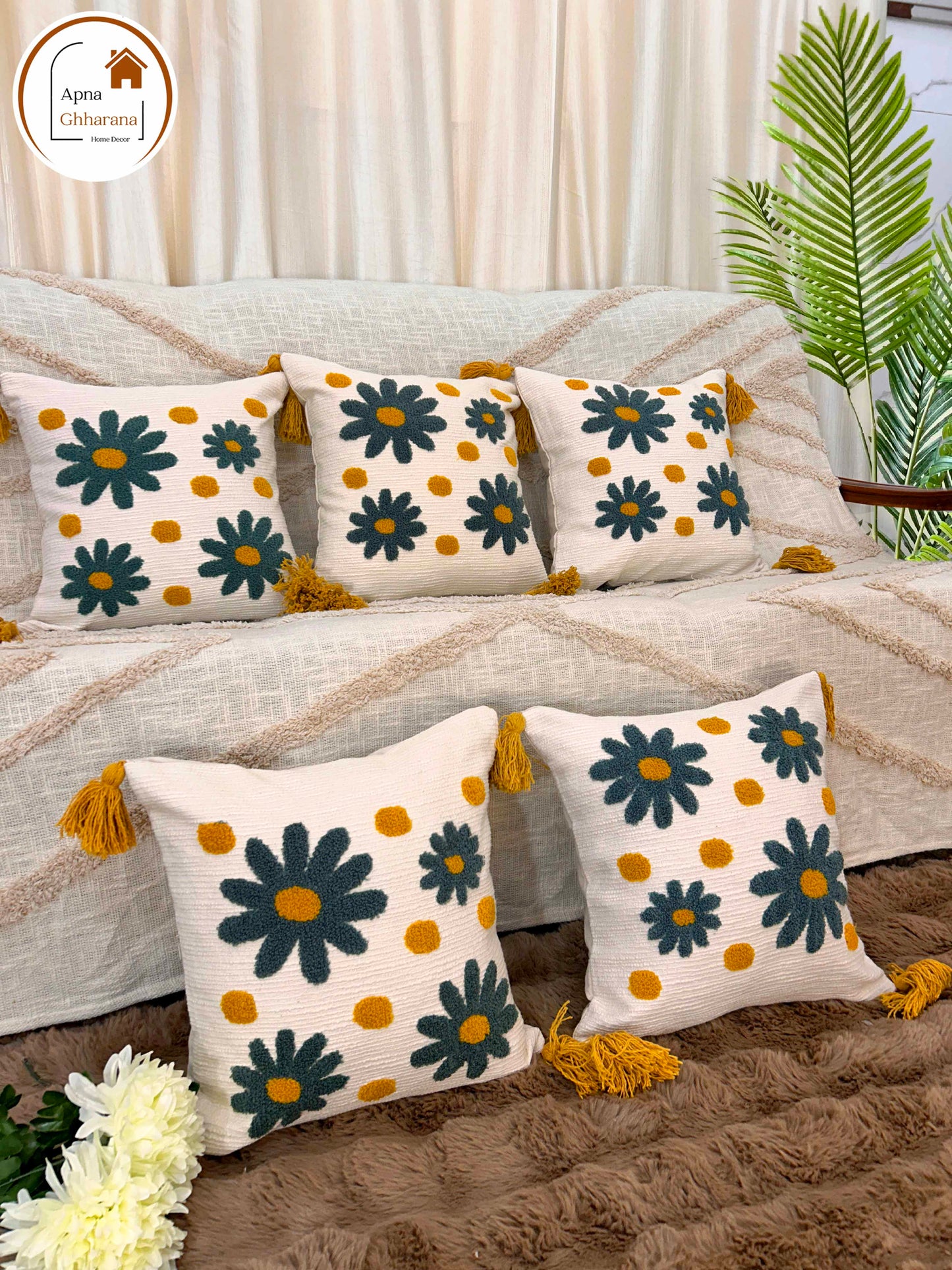 Grey Flower Embroidered Cushion Cover | 16x16", Slub Cotton, Premium Design