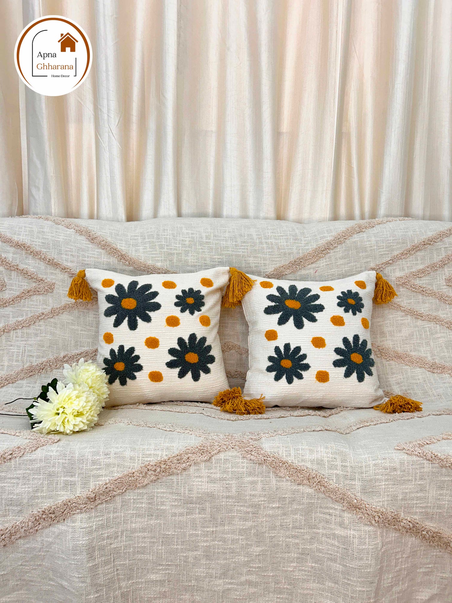 Grey Flower Embroidered Cushion Cover | 16x16", Slub Cotton, Premium Design