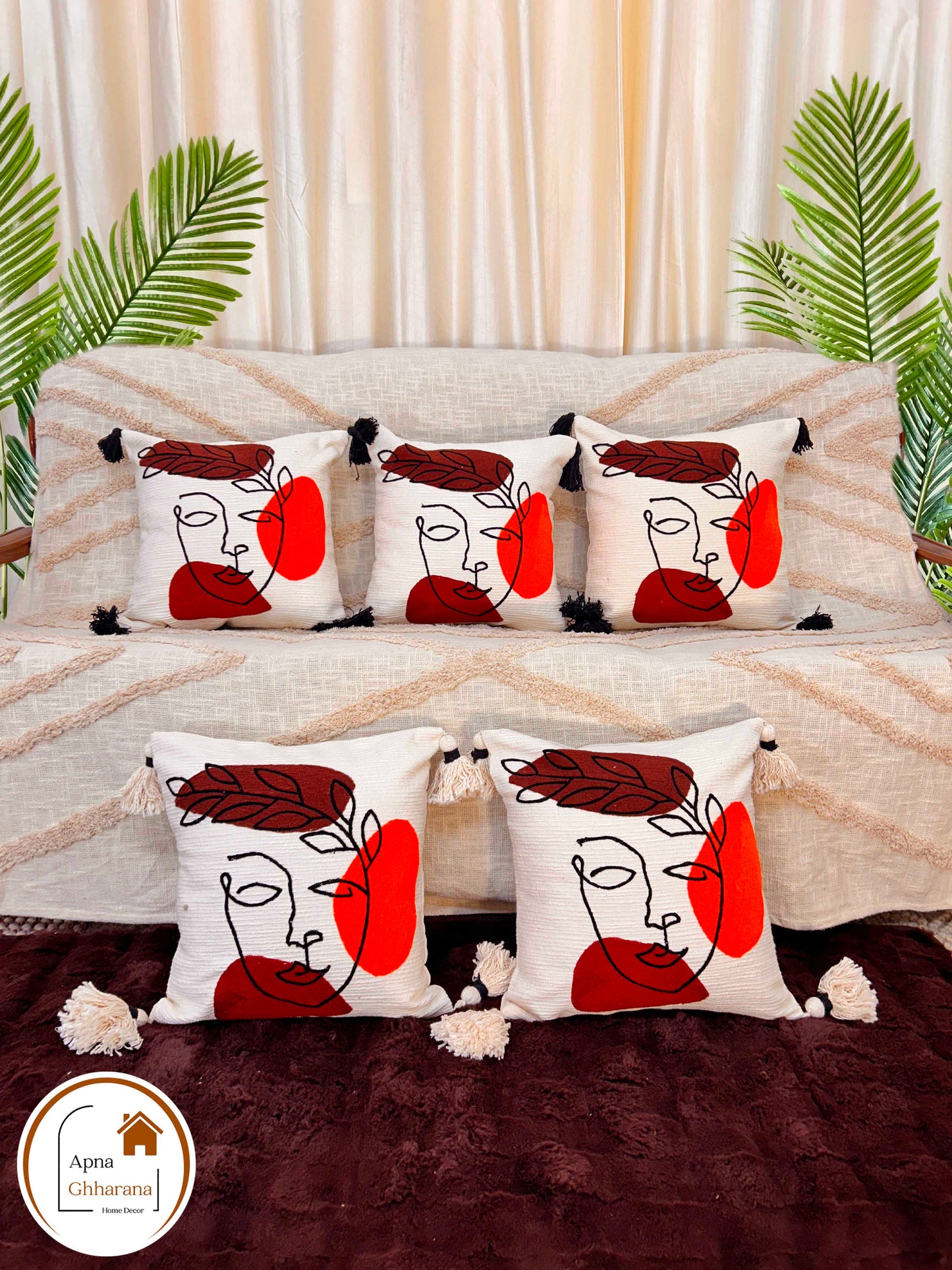 Face Design Embroidered Cushion Cover | Slub Cotton | 16"x16"