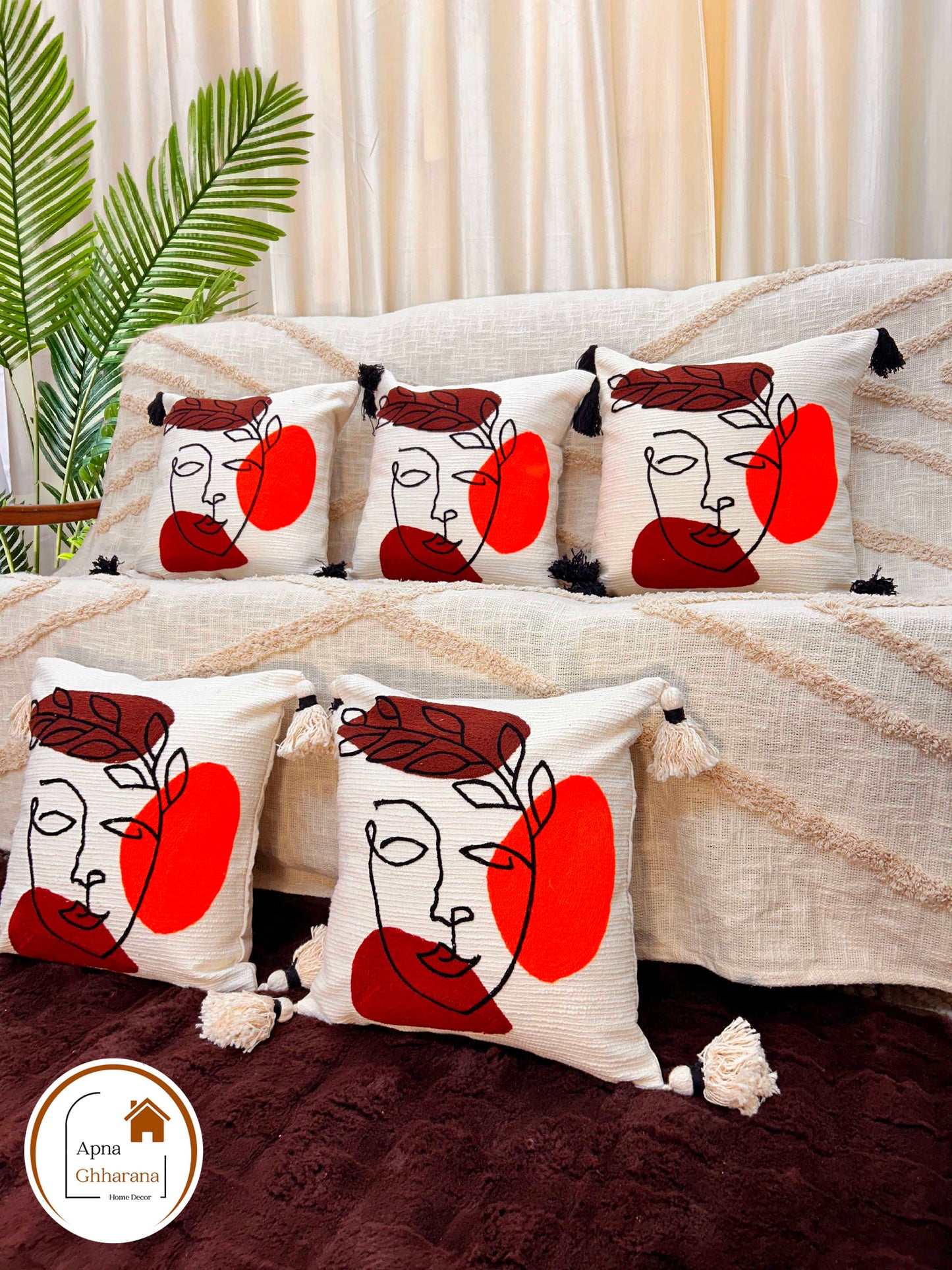 Face Design Embroidered Cushion Cover | Slub Cotton | 16"x16"