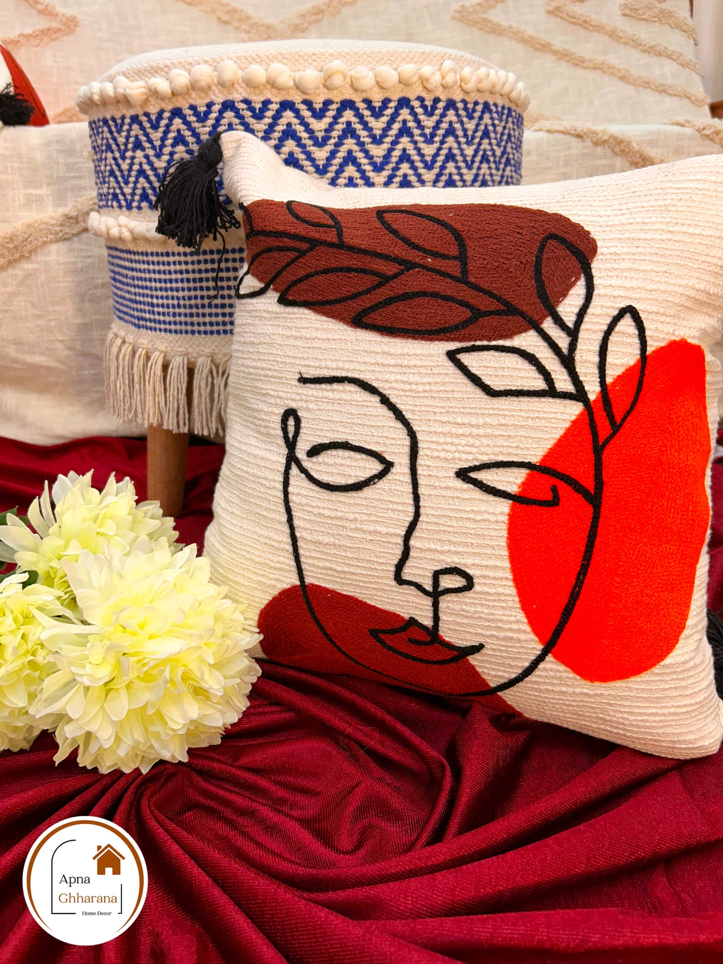 Face Design Embroidered Cushion Cover | Slub Cotton | 16"x16"
