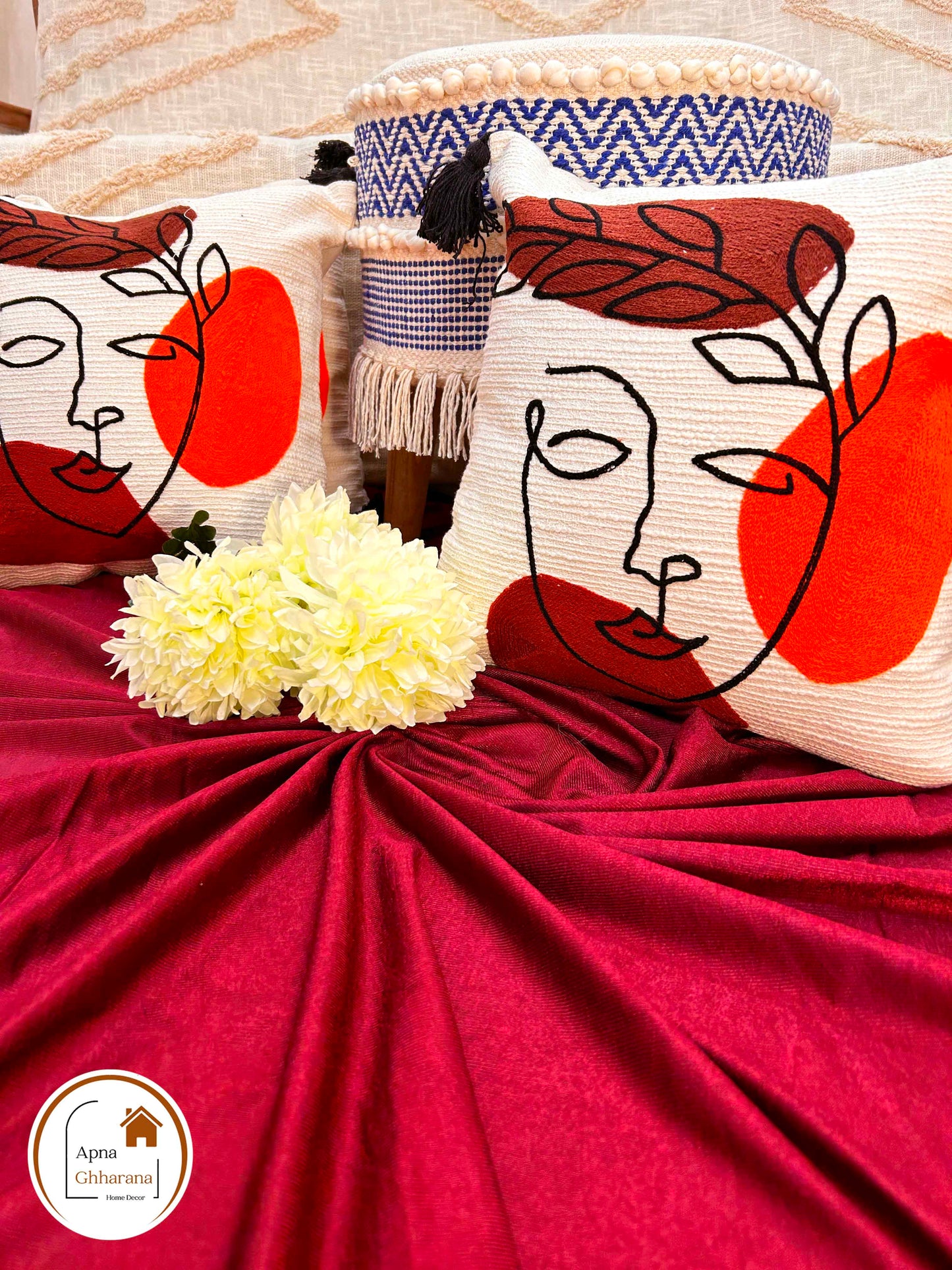Face Design Embroidered Cushion Cover | Slub Cotton | 16"x16"