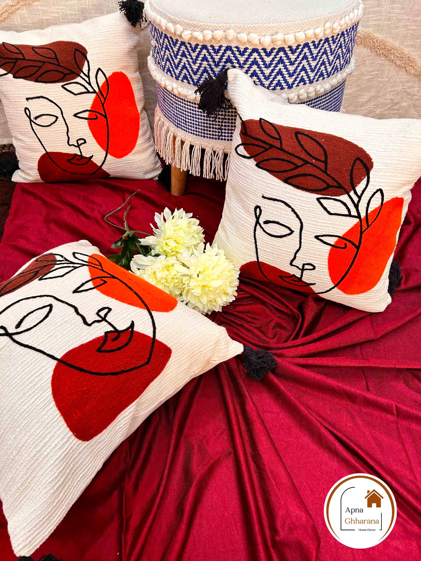 Face Design Embroidered Cushion Cover | Slub Cotton | 16"x16"
