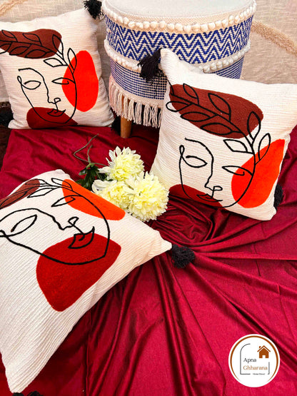 Face Design Embroidered Cushion Cover | Slub Cotton | 16"x16"