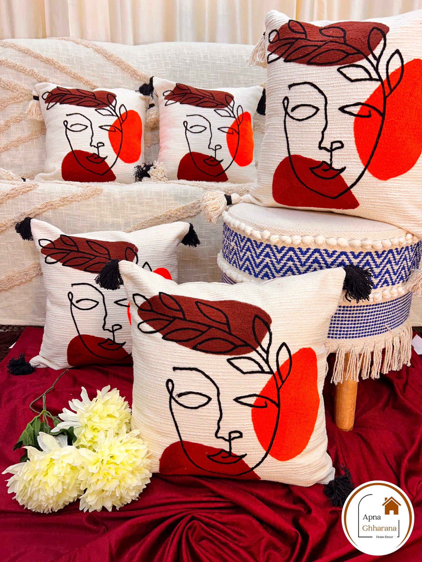 Face Design Embroidered Cushion Cover | Slub Cotton | 16"x16"