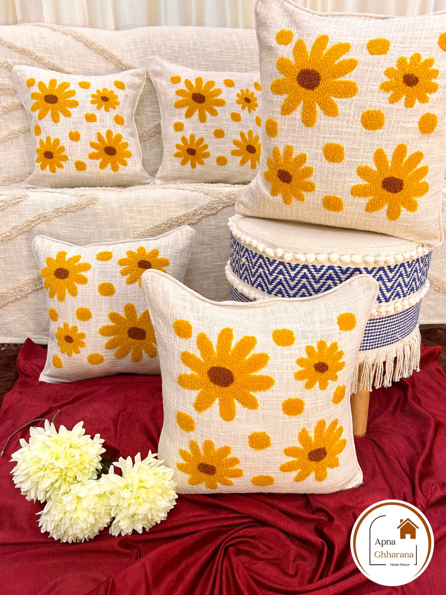 Yellow Flower Embroidered Cushion Cover | Slub Cotton, 16x16 Inches