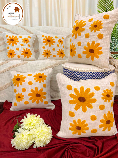 Yellow Flower Embroidered Cushion Cover | Slub Cotton, 16x16 Inches