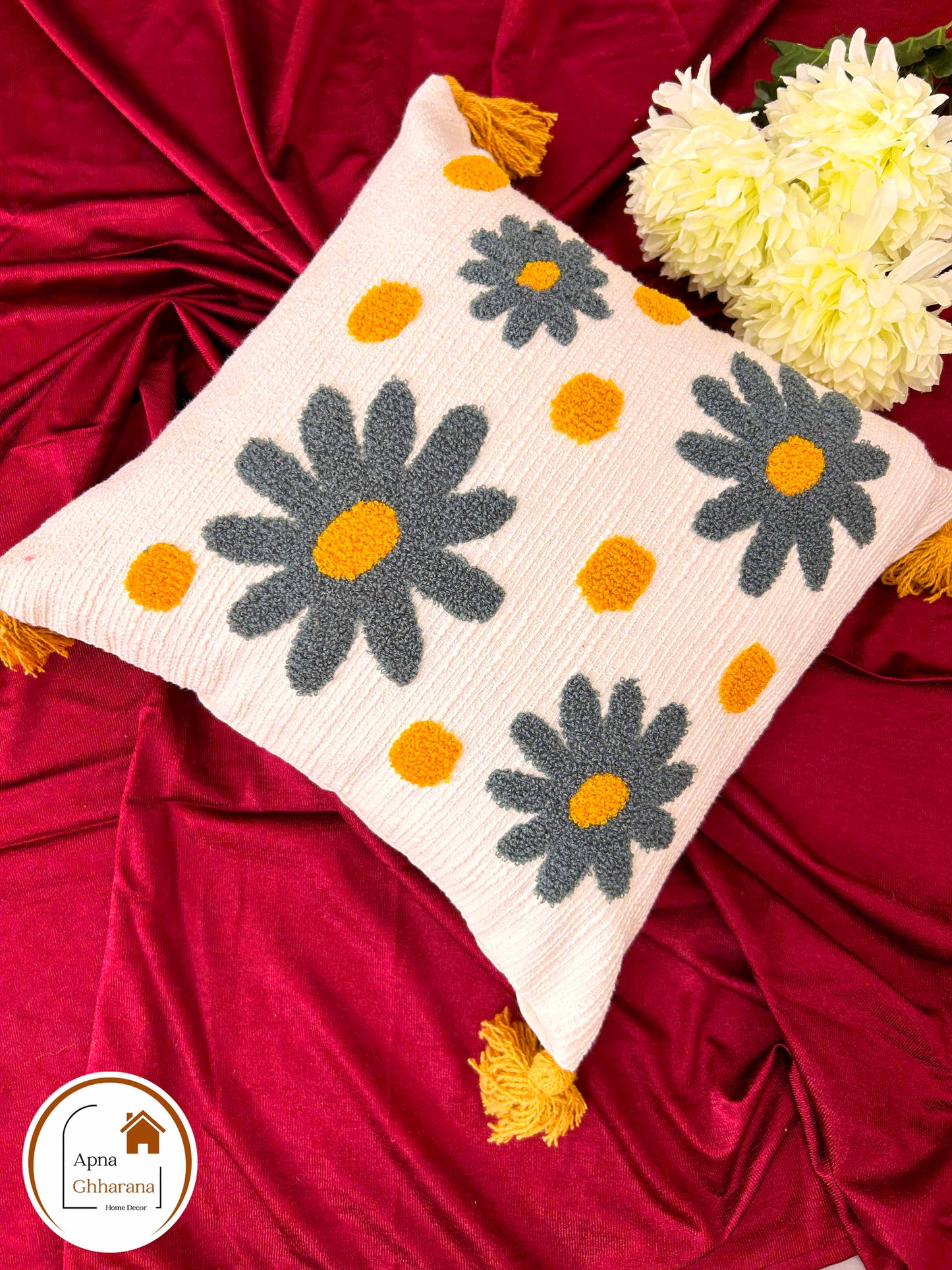 Grey Flower Embroidered Cushion Cover | 16x16", Slub Cotton, Premium Design