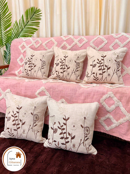 Threaded Elegance – Embroidered Cushion Cover | 16x16" | Slub Cotton