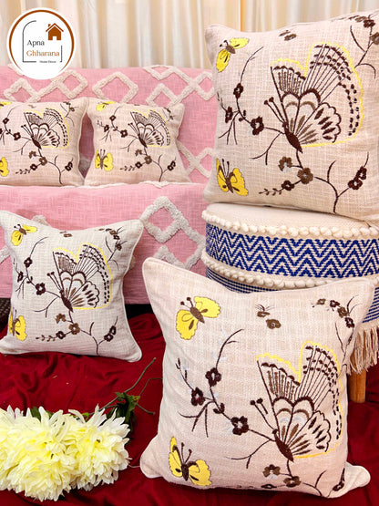 Blossom Thread Work Embroidered Cushion Cover | 16x16" | Slub Cotton
