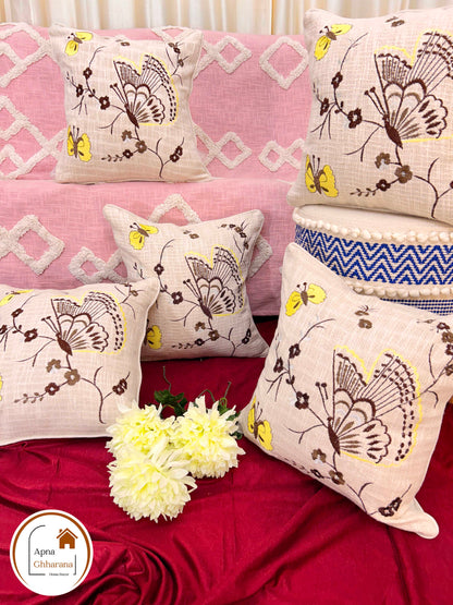 Blossom Thread Work Embroidered Cushion Cover | 16x16" | Slub Cotton