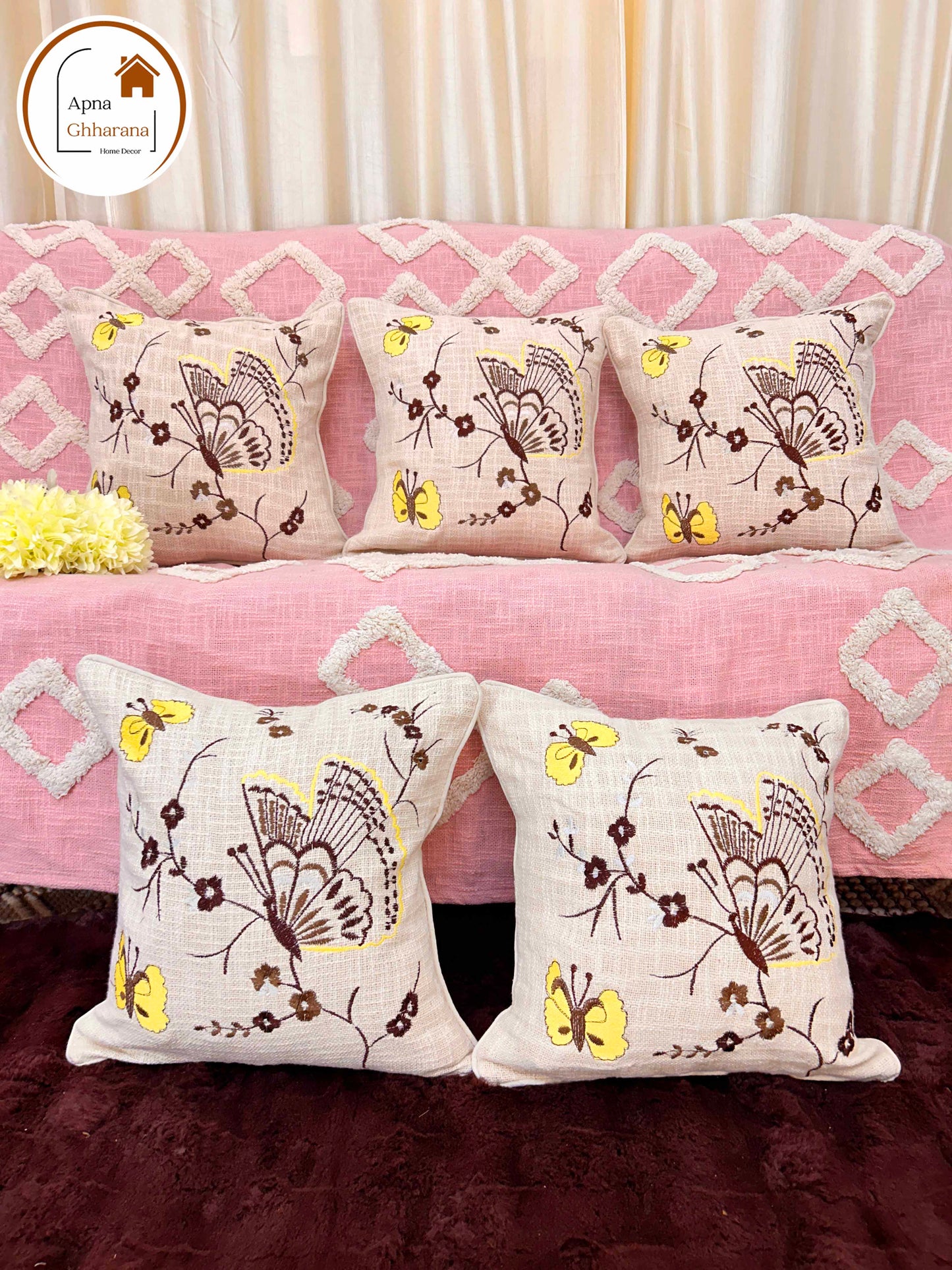 Blossom Thread Work Embroidered Cushion Cover | 16x16" | Slub Cotton