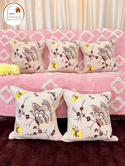 Blossom Thread Work Embroidered Cushion Cover | 16x16" | Slub Cotton