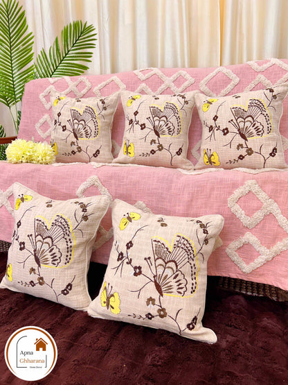 Blossom Thread Work Embroidered Cushion Cover | 16x16" | Slub Cotton