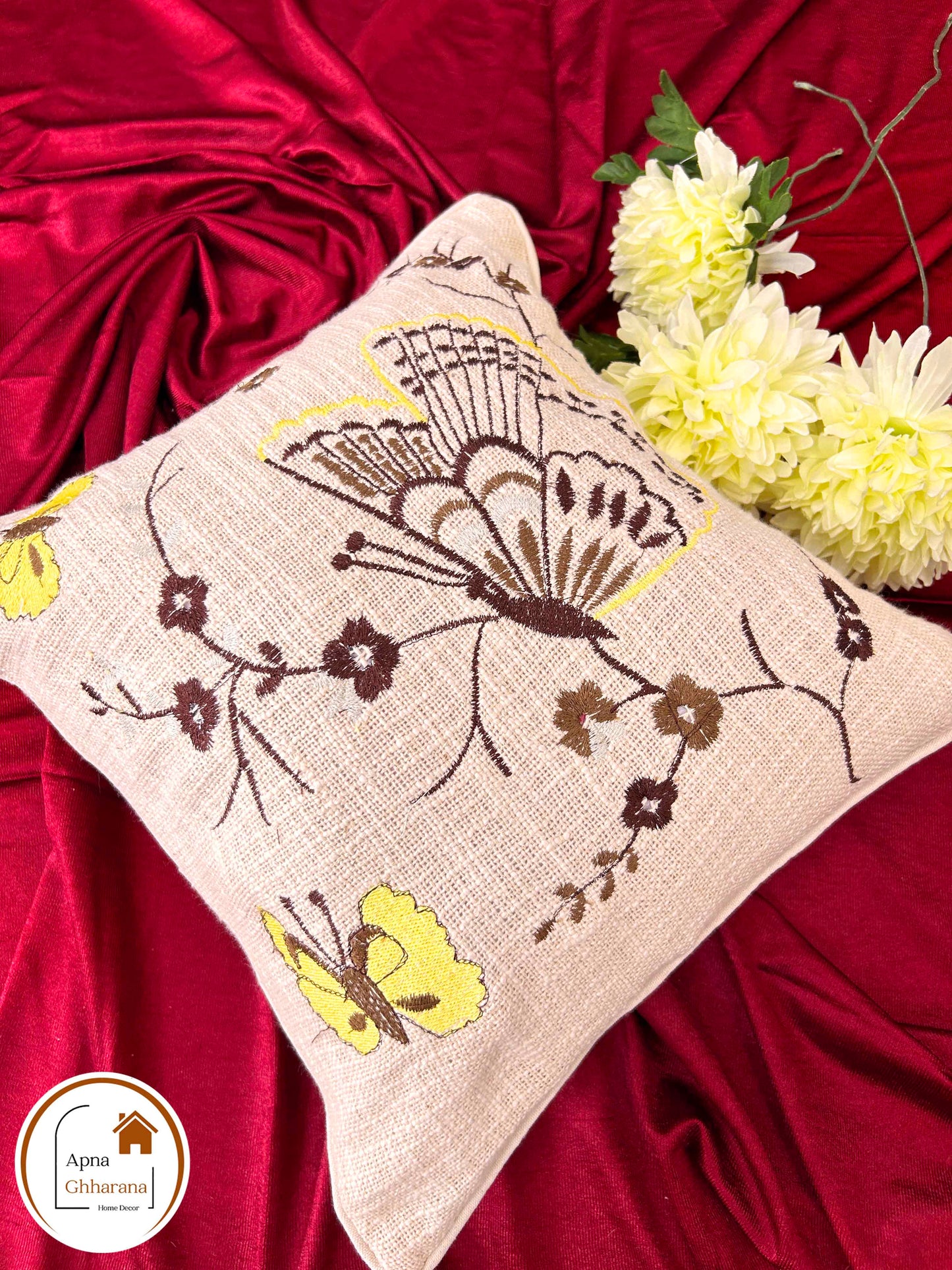Blossom Thread Work Embroidered Cushion Cover | 16x16" | Slub Cotton