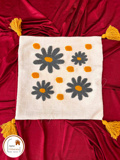 Grey Flower Embroidered Cushion Cover | 16x16", Slub Cotton, Premium Design