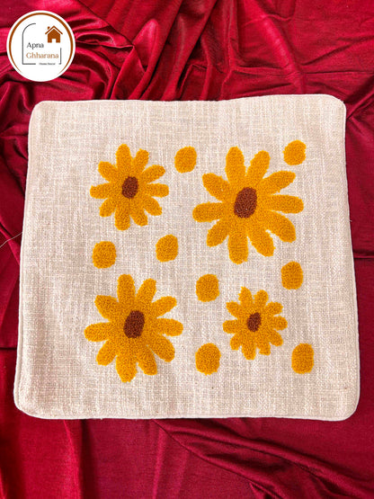 Yellow Flower Embroidered Cushion Cover | Slub Cotton, 16x16 Inches