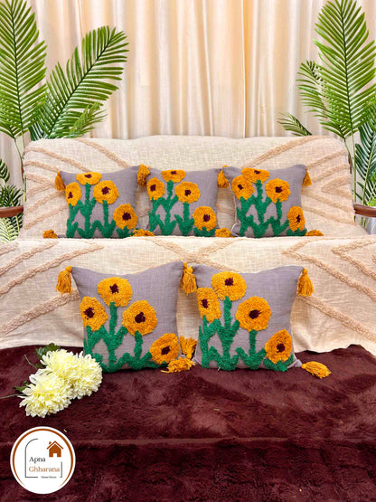 Sunflower Tufted Cushion Cover | Grey & Yellow, Slub Cotton, 16x16"