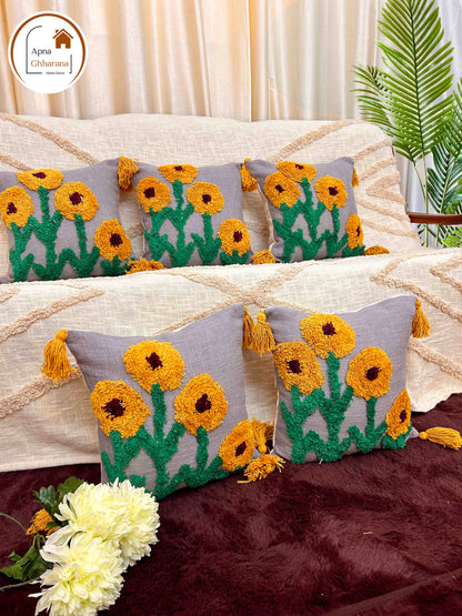 Sunflower Tufted Cushion Cover | Grey & Yellow, Slub Cotton, 16x16"