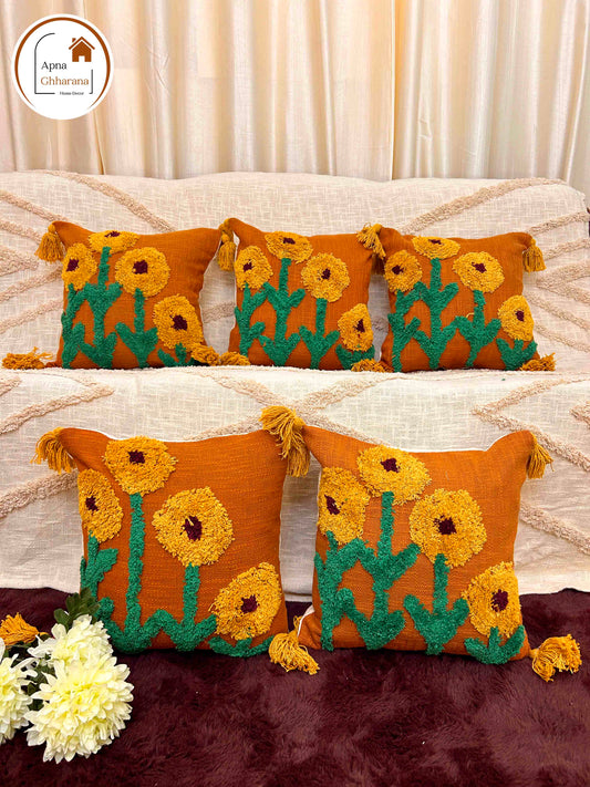 Sunflower Tufted Cushion Cover | Mustard & Yellow | 16x16" | Slub Cotton