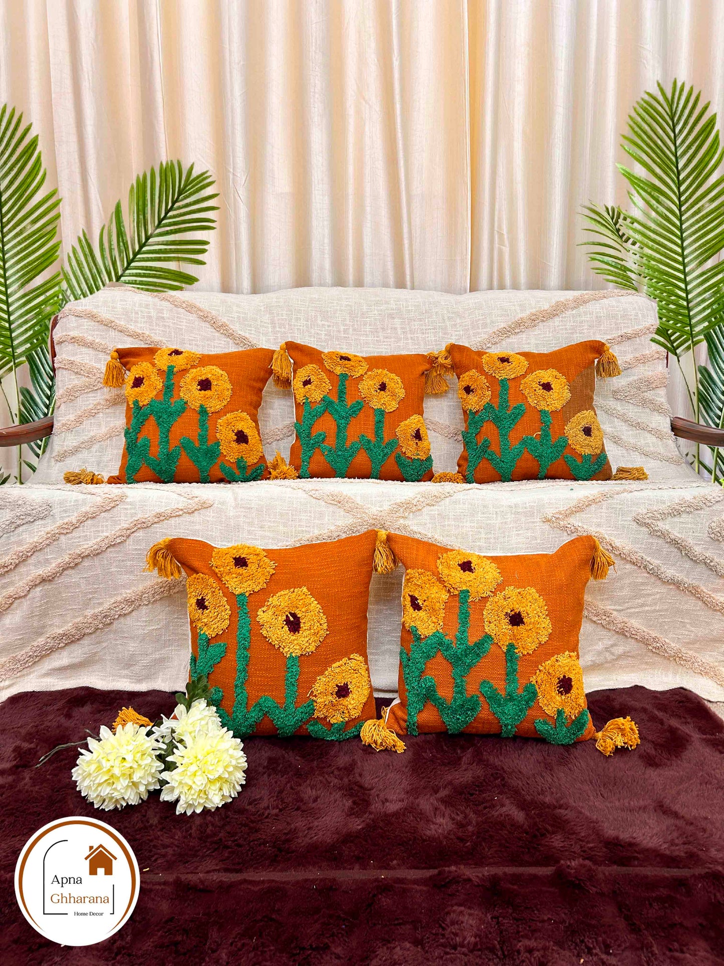 Sunflower Tufted Cushion Cover | Mustard & Yellow | 16x16" | Slub Cotton