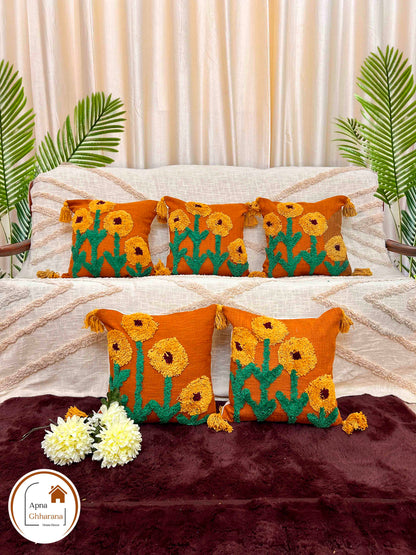 Sunflower Tufted Cushion Cover | Mustard & Yellow | 16x16" | Slub Cotton