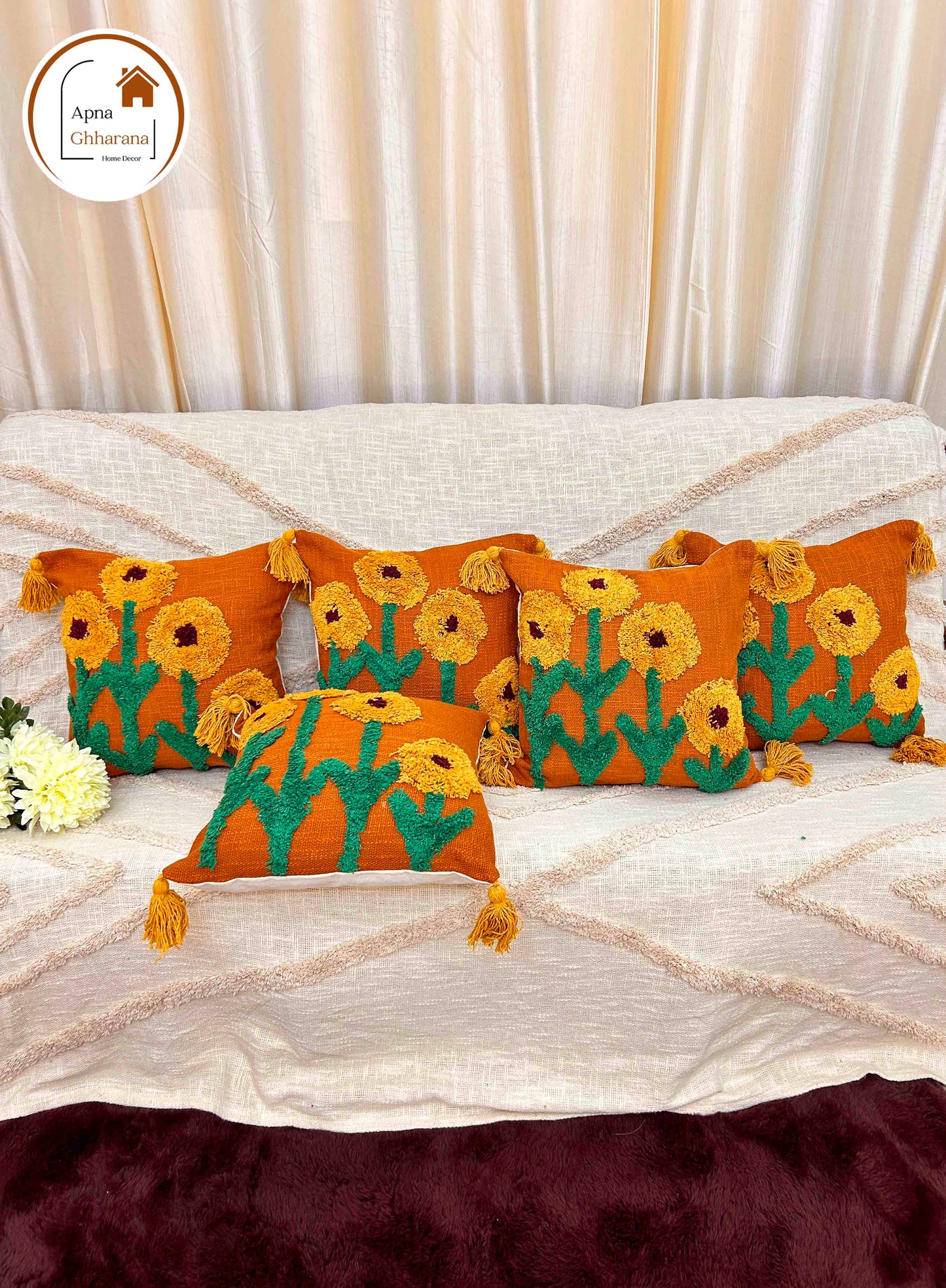 Sunflower Tufted Cushion Cover | Mustard & Yellow | 16x16" | Slub Cotton