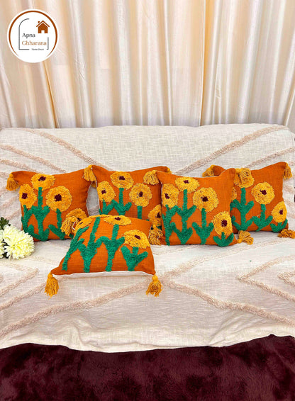 Sunflower Tufted Cushion Cover | Mustard & Yellow | 16x16" | Slub Cotton
