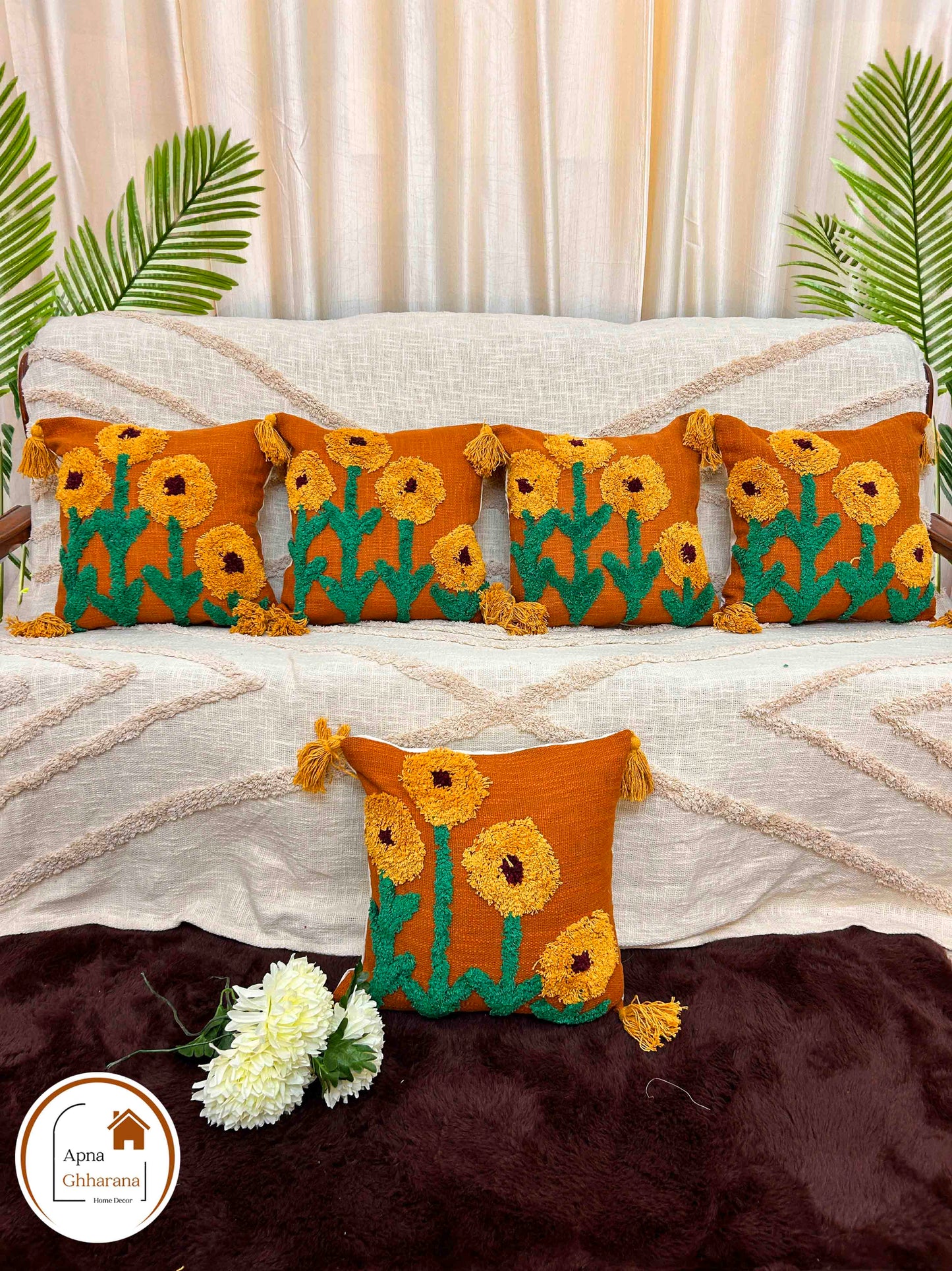 Sunflower Tufted Cushion Cover | Mustard & Yellow | 16x16" | Slub Cotton