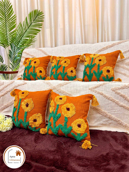 Sunflower Tufted Cushion Cover | Mustard & Yellow | 16x16" | Slub Cotton