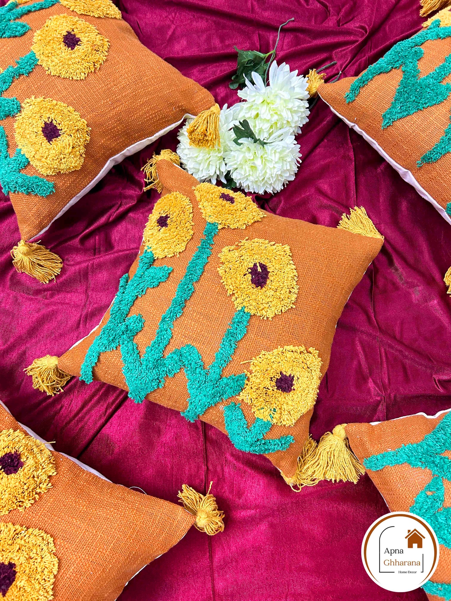 Sunflower Tufted Cushion Cover | Mustard & Yellow | 16x16" | Slub Cotton