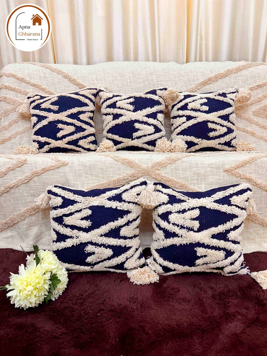 Tufted Cushion Cover | White Tufting on Blue | 16x16" Slub Cotton