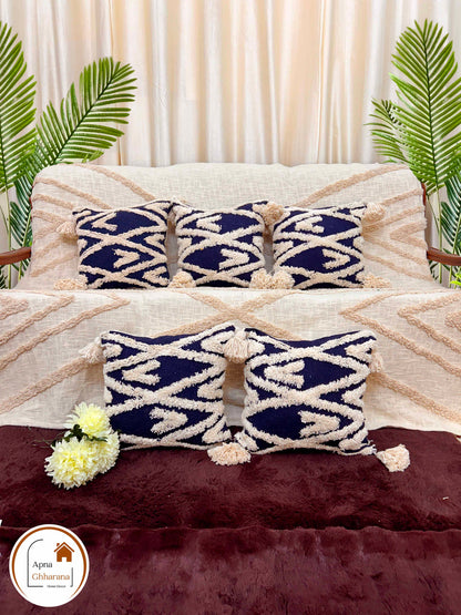 Tufted Cushion Cover | White Tufting on Blue | 16x16" Slub Cotton