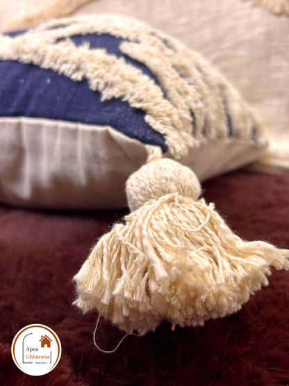 Tufted Cushion Cover | White Tufting on Blue | 16x16" Slub Cotton