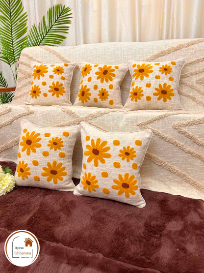 Yellow Flower Embroidered Cushion Cover | Slub Cotton, 16x16 Inches