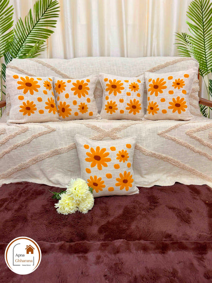 Yellow Flower Embroidered Cushion Cover | Slub Cotton, 16x16 Inches