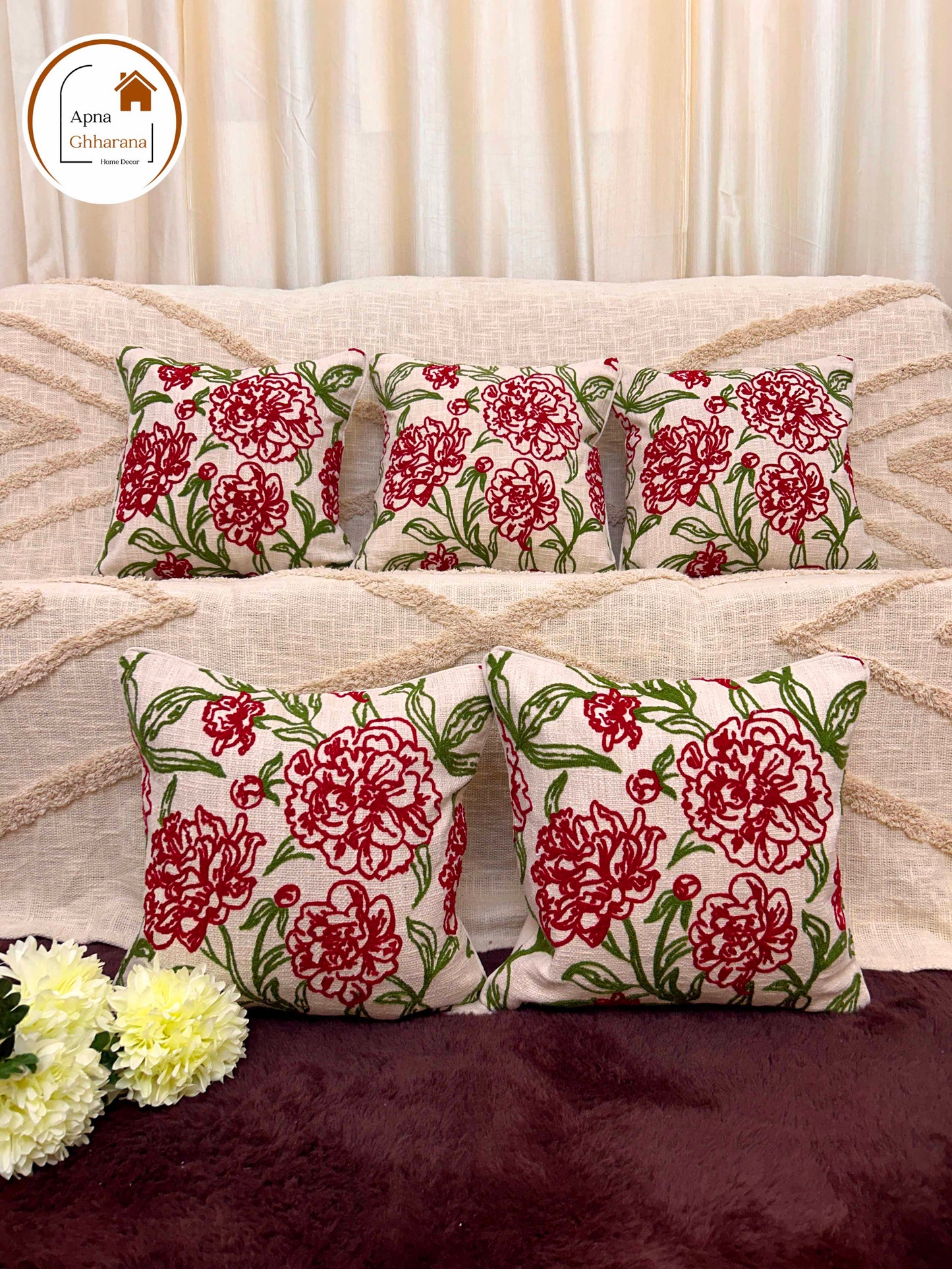 Premium Embroidered Cushion Cover | Red Floral Design, 16x16" Cotton