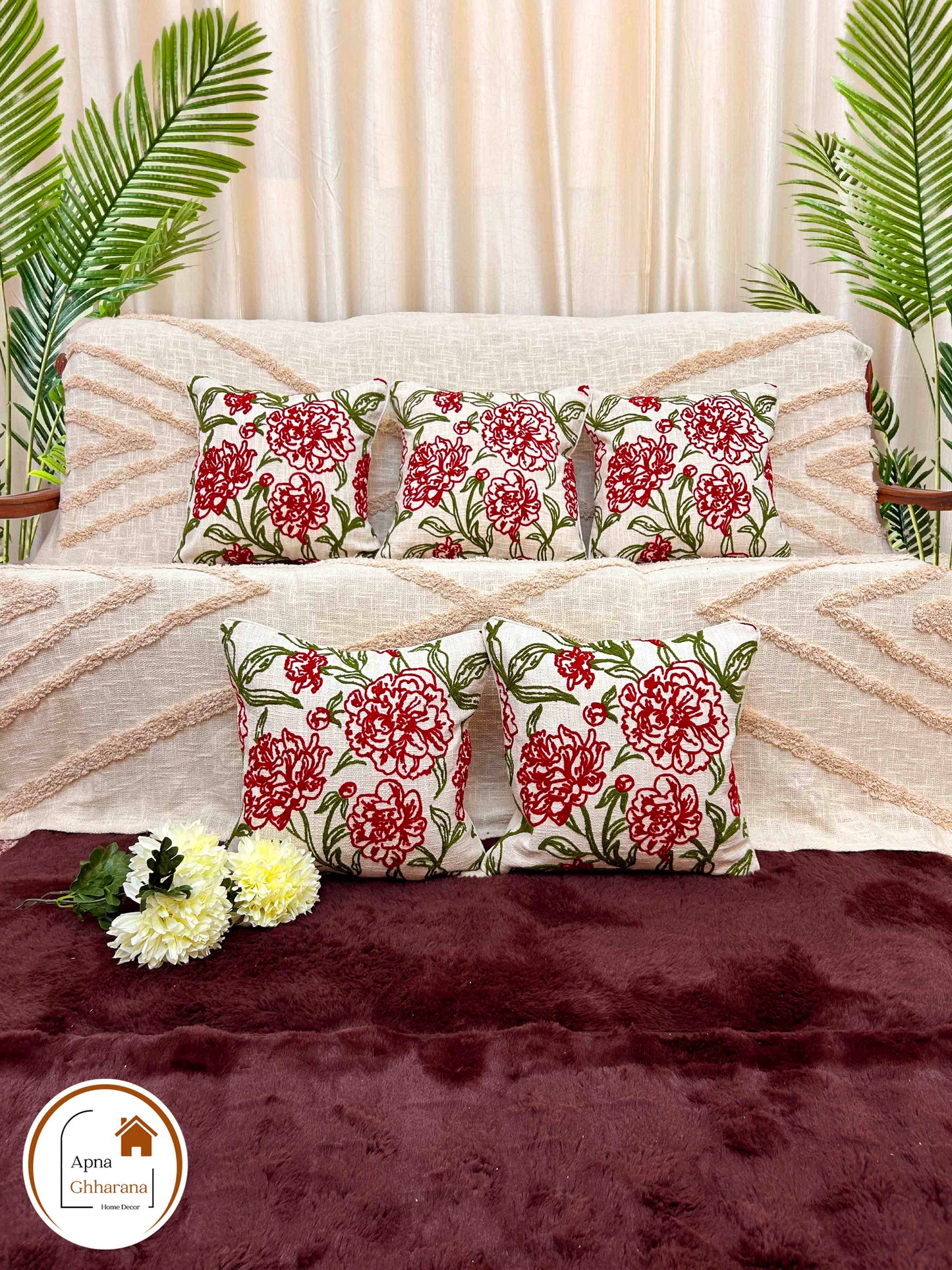Premium Embroidered Cushion Cover | Red Floral Design, 16x16" Cotton