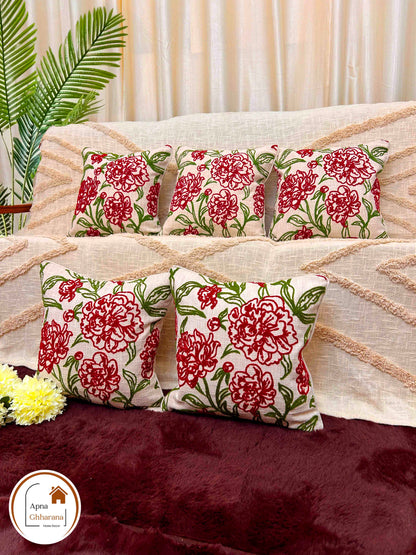 Premium Embroidered Cushion Cover | Red Floral Design, 16x16" Cotton