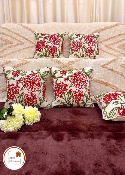 Premium Embroidered Cushion Cover | Red Floral Design, 16x16" Cotton