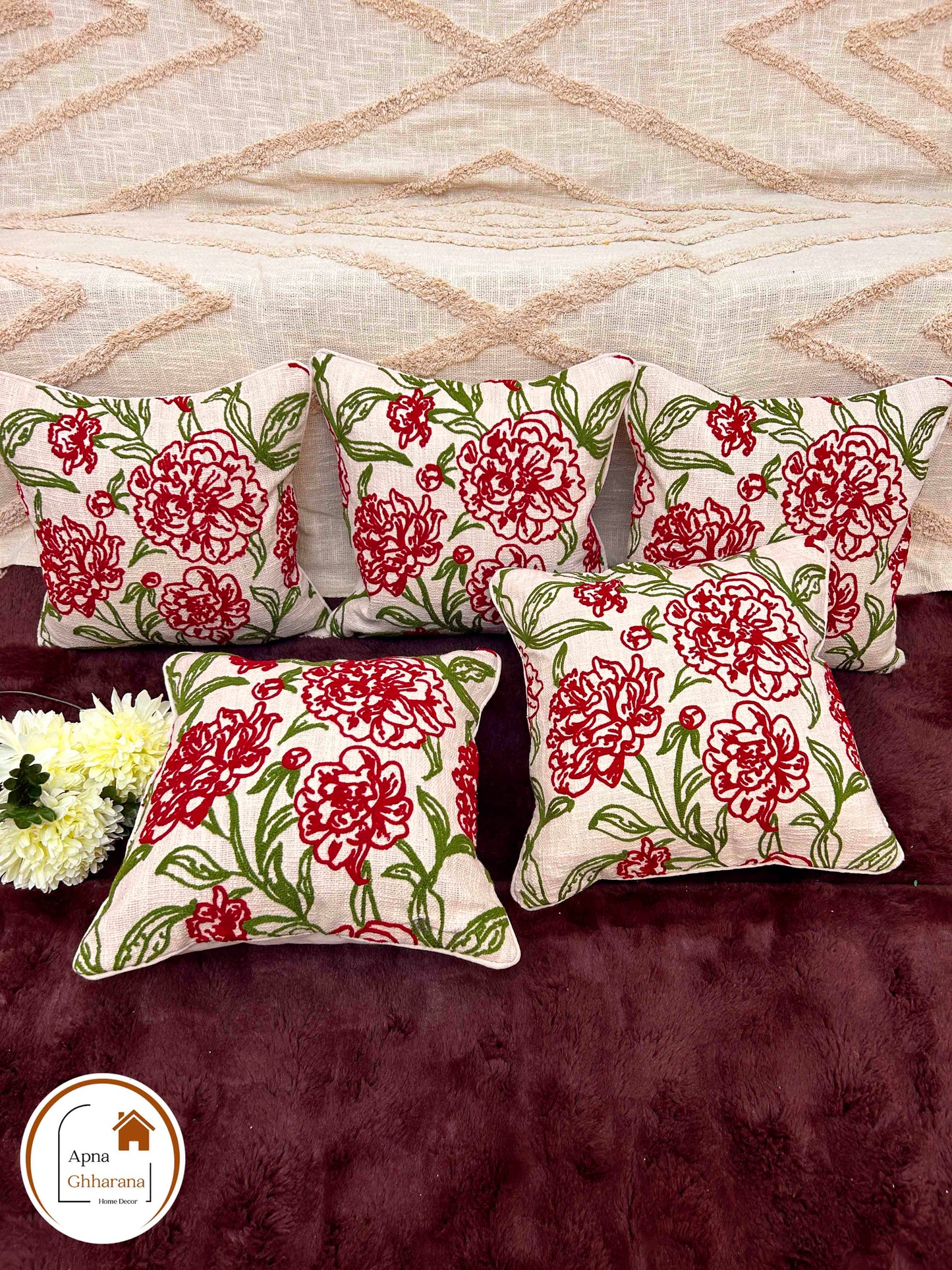 Premium Embroidered Cushion Cover | Red Floral Design, 16x16" Cotton