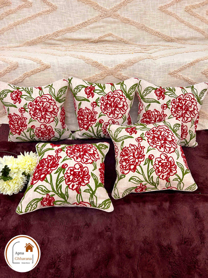 Premium Embroidered Cushion Cover | Red Floral Design, 16x16" Cotton