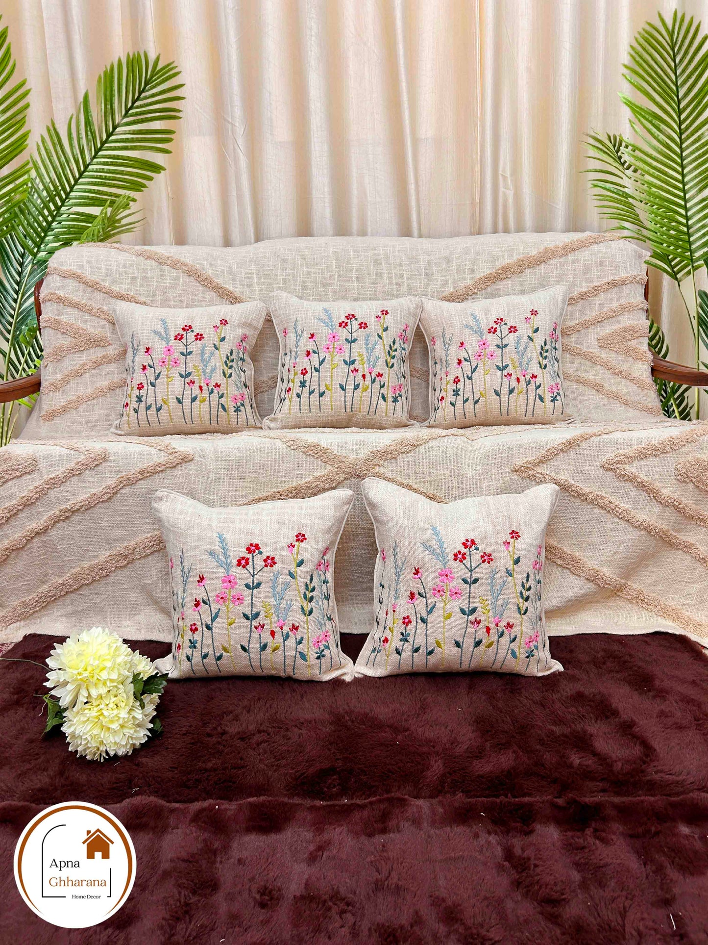 Multicolor Flower Embroidered Cushion Cover | Slub Cotton | 16x16