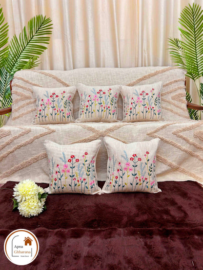 Multicolor Flower Embroidered Cushion Cover | Slub Cotton | 16x16