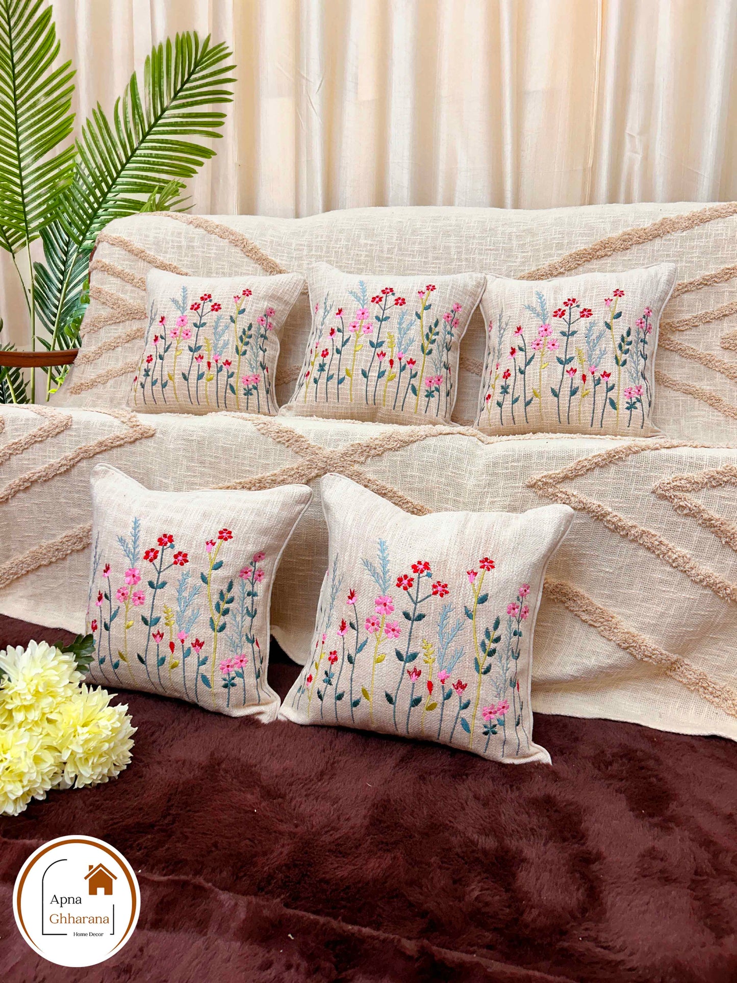 Multicolor Flower Embroidered Cushion Cover | Slub Cotton | 16x16