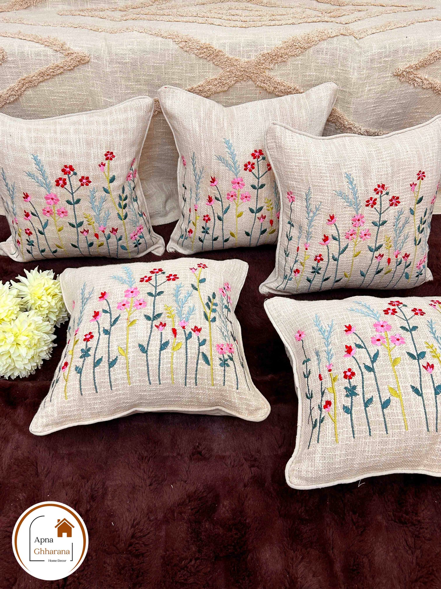 Multicolor Flower Embroidered Cushion Cover | Slub Cotton | 16x16