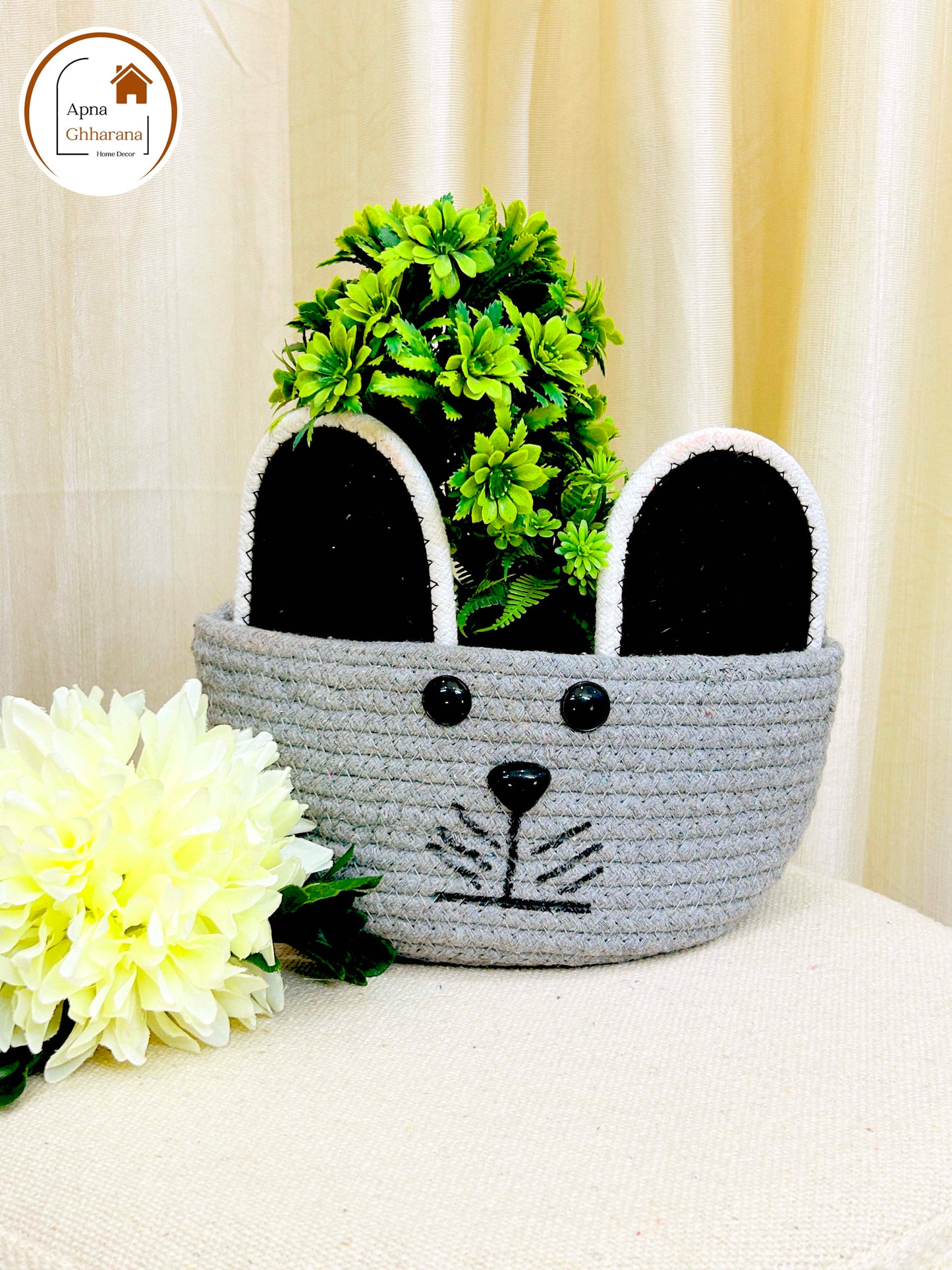 Grey Animal Face Basket with Handle | Lightweight & Washable (7x6 inch)
